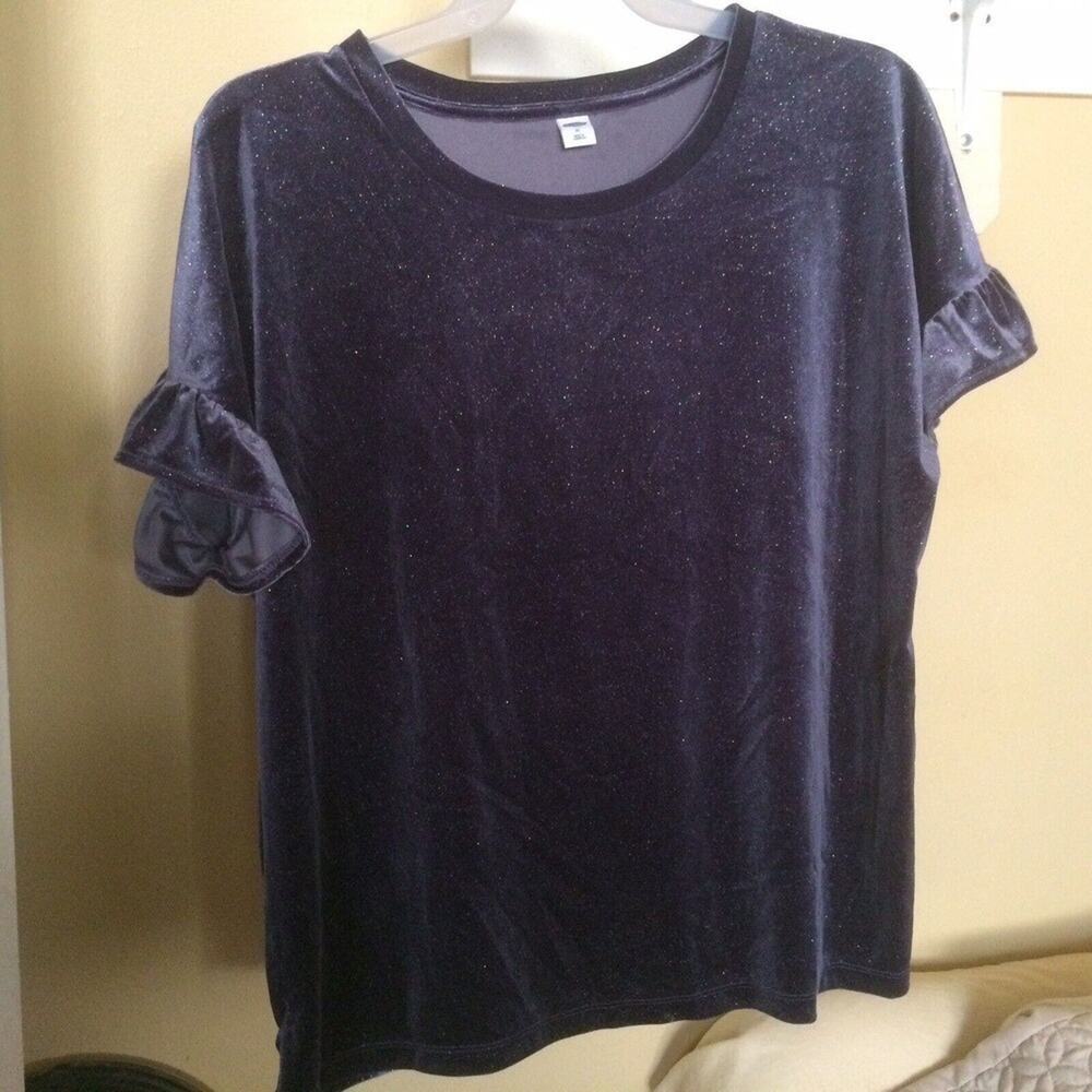 Old Navy Blouse SzXL Glitter Velour Ruffle Sleeves Dk Teal Round Neck Pre-Owned